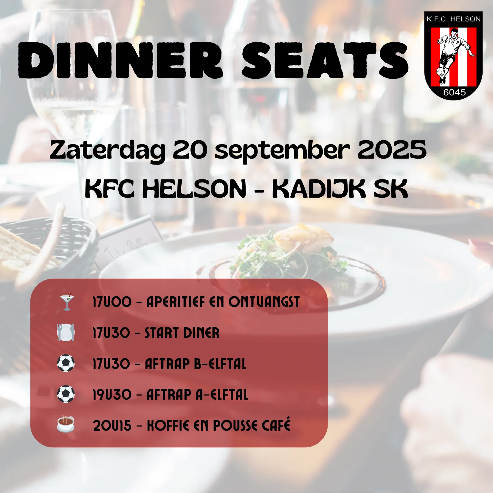 Dinner seats KFC Helson – zaterdag 20 september 2025 tegen Kadijk